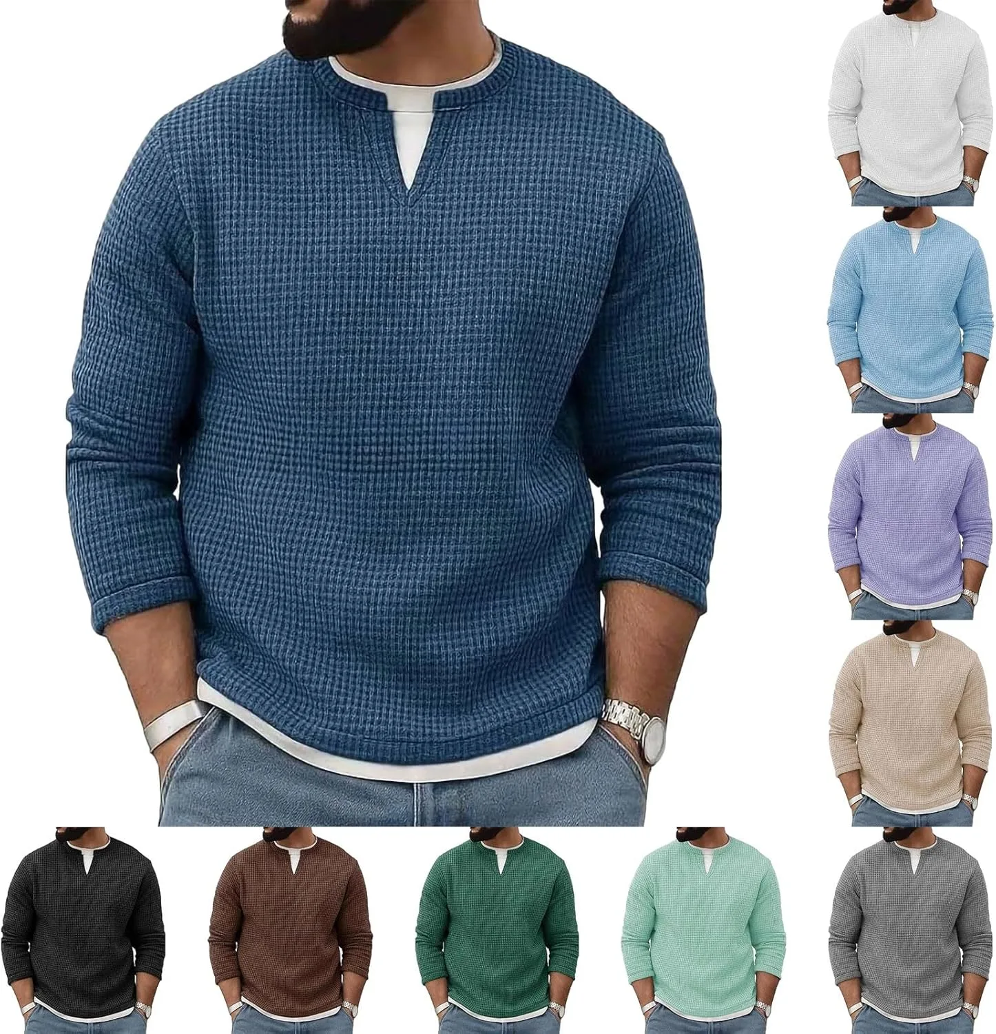 

Мужская рубашка с длинным рукавом Casual Imitation Two Piece Textured Knit Pullover Notch V Neck