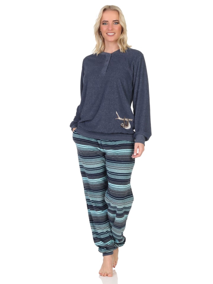 

NORMANN Пижама из махровой ткани, с длинными рукавами, манжетами и анималистическим рисунком, выполненная из ткани синего цвета