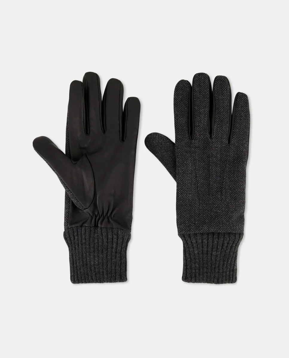 

Мужские перчатки из шерсти и кожи с узором «елочка» Dustin, темно-серый