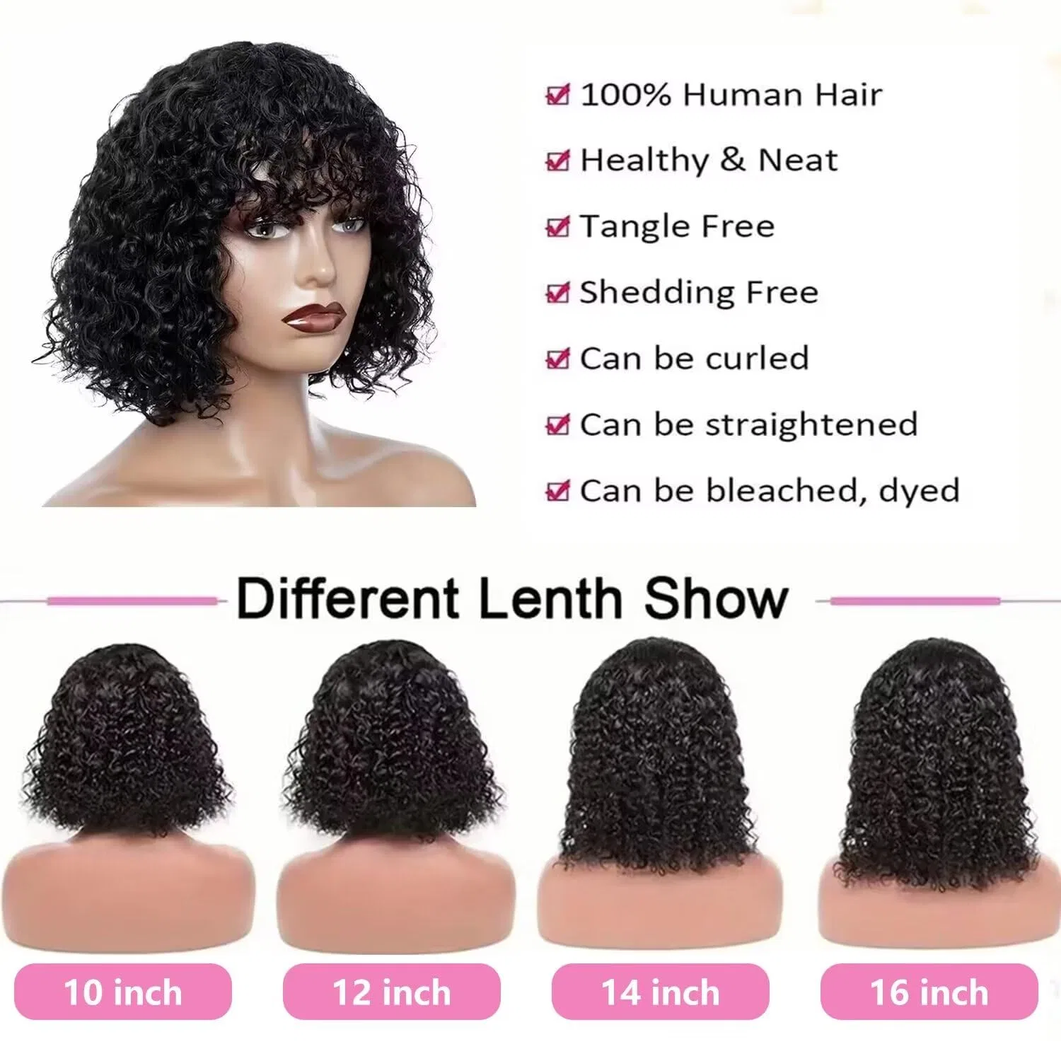 Парик из натуральных вьющихся волос с челкой, короткий боб 12 дюймов Vanmast, Natural Colour — фото 3