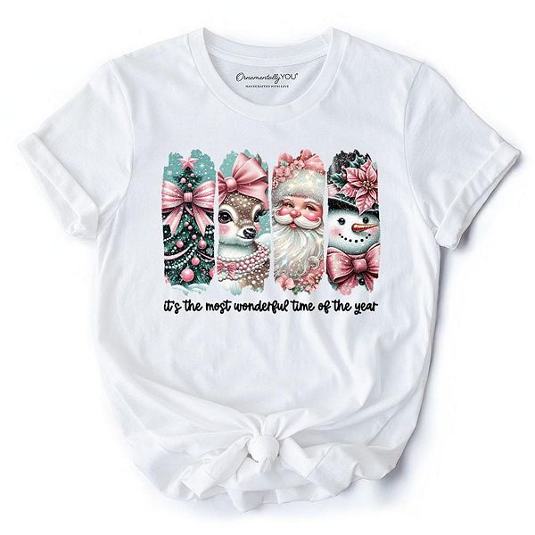 

Футболка Coquette pink с новогодним принтом "самое чудесное время года" и винтажным деревом Ornamentallyyou, White