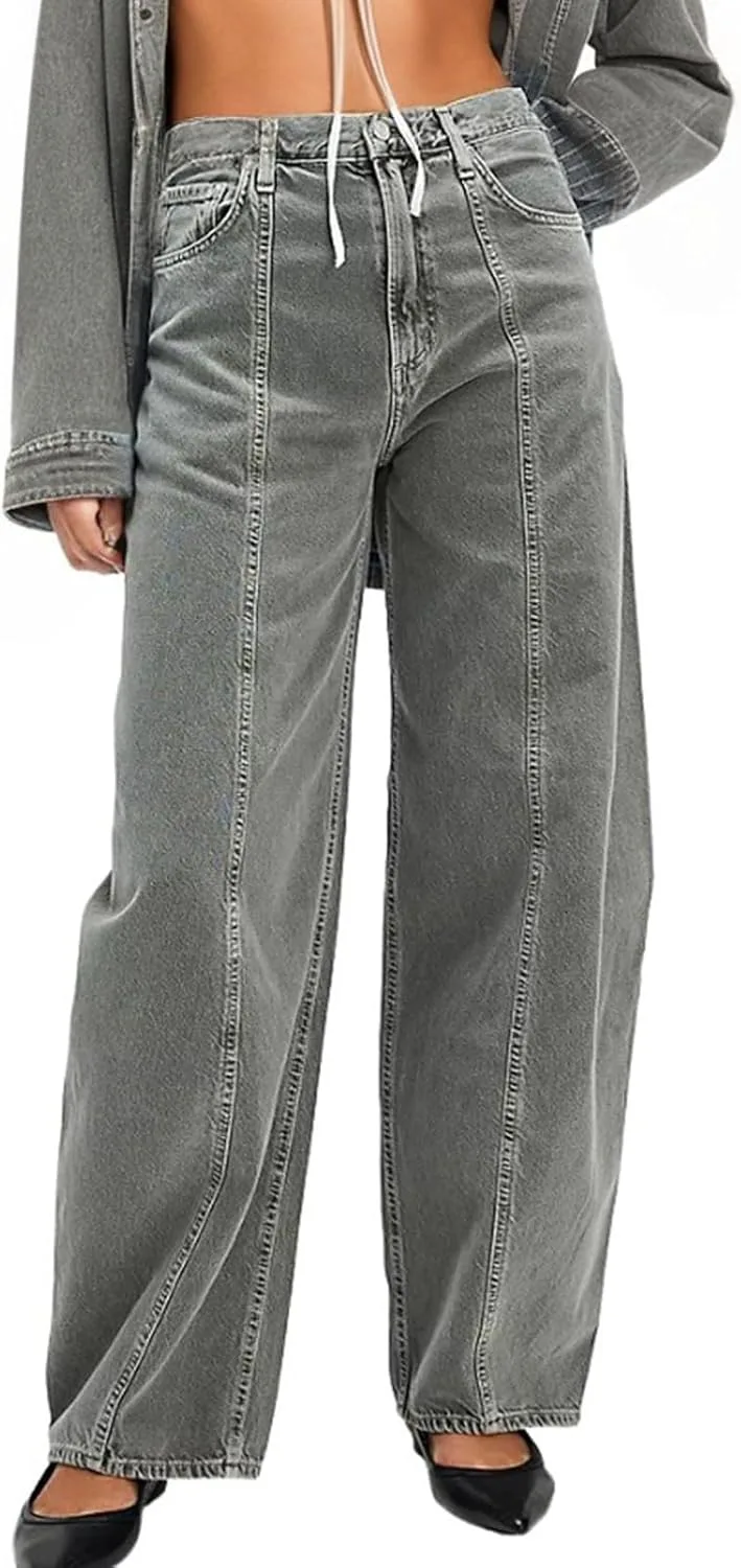 

Прямые мешковатые бочкообразные джинсы для женщин Mid Rise Stretchy Boyfriend Wide Leg Casual Loose Cropped Denim