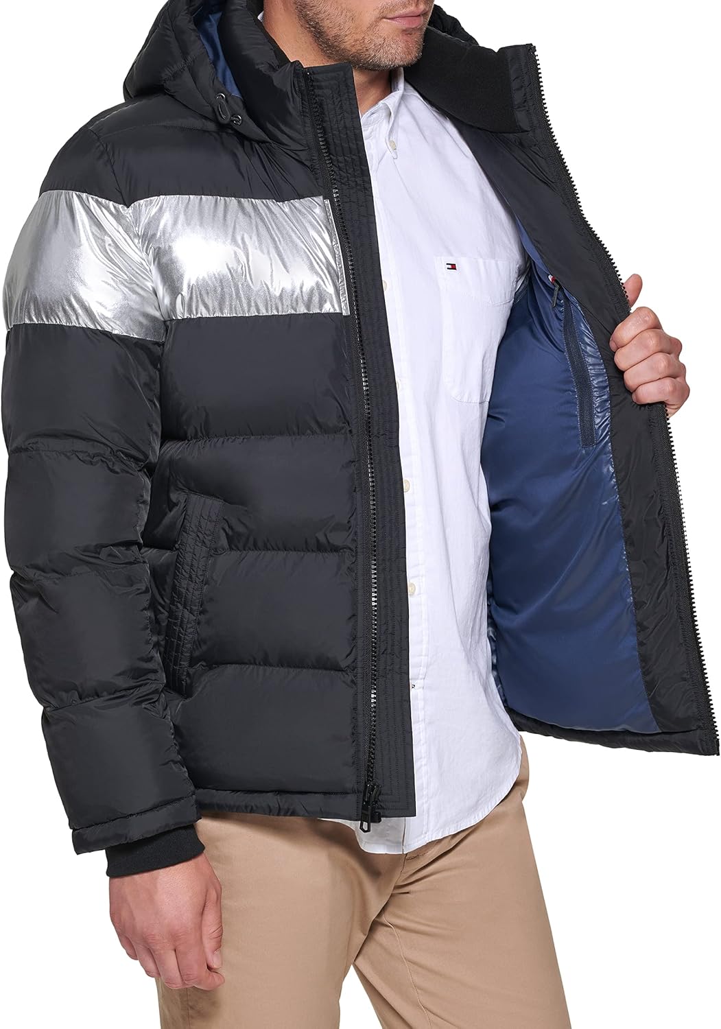 Мужская куртка-пуховик Tommy Hilfiger с капюшоном (стандартная и для больших и высоких), Black Silver Stripe — фото 3