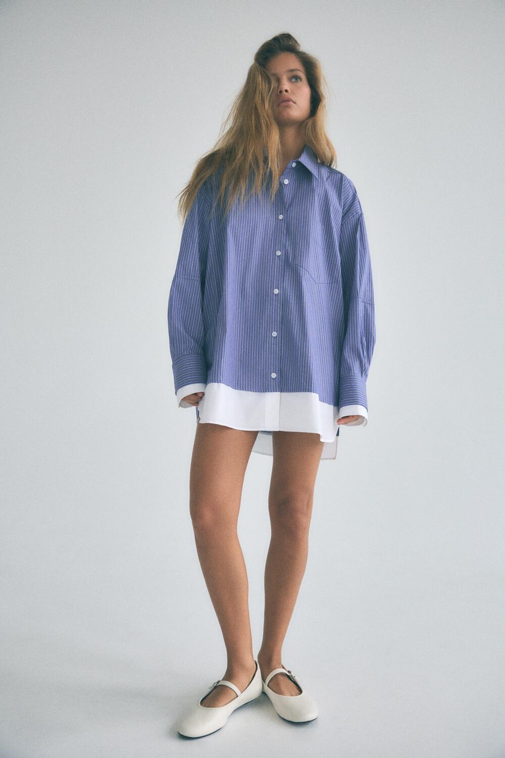 

Рубашка из поплина с двойными манжетами ZARA, цвет blues