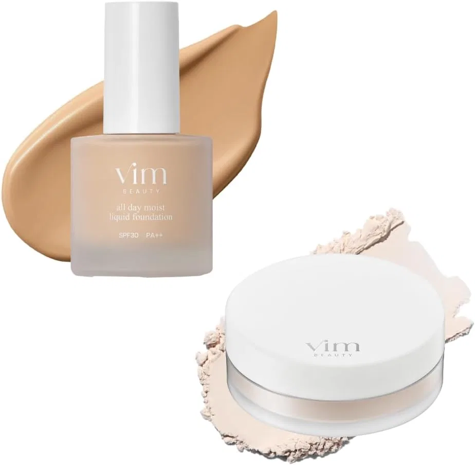 Тональное средство All Day Moist Liquid Foundation SPF30 PA++ 28 бронзовый + фиксирующая пудра 0.2 унции Vim Beauty