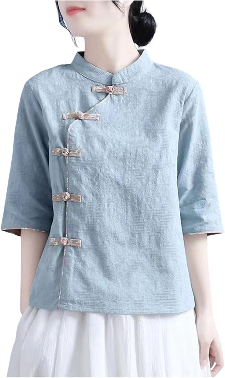 Блуза с китайским воротником, длинный рукав, хлопок лен, Casual, синий