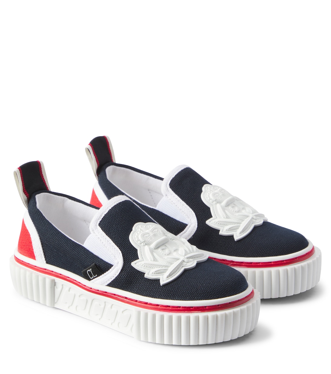 

Кроссовки-слипоны Pedrito Boat Crest из ткани Christian Louboutin Kids, Powder Metallic