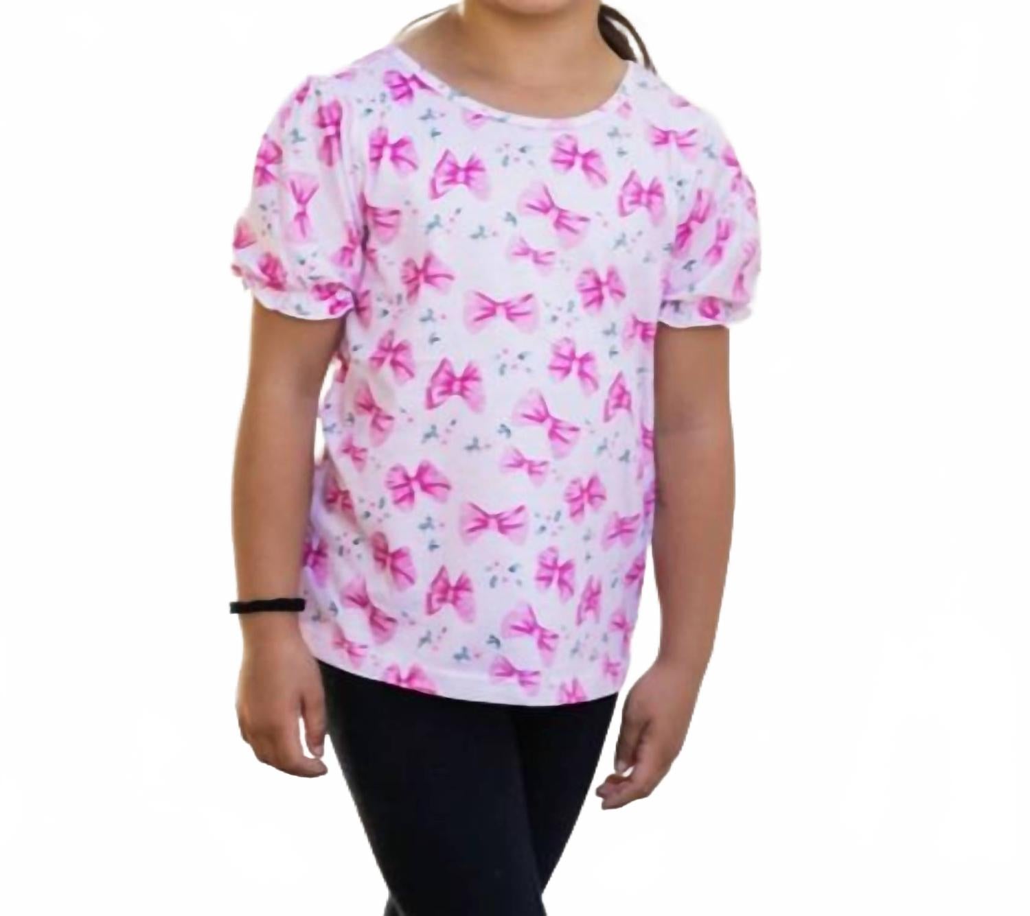 

Tickled Teal Детская блузка с пышными рукавами и бантиками, розового цвета