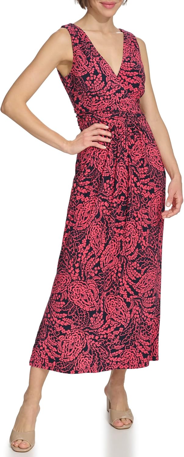 

Женское трикотажное платье-миди Tommy Hilfiger без рукавов с V-образным вырезом А-силуэта, Sky Captain/Paradise Pink