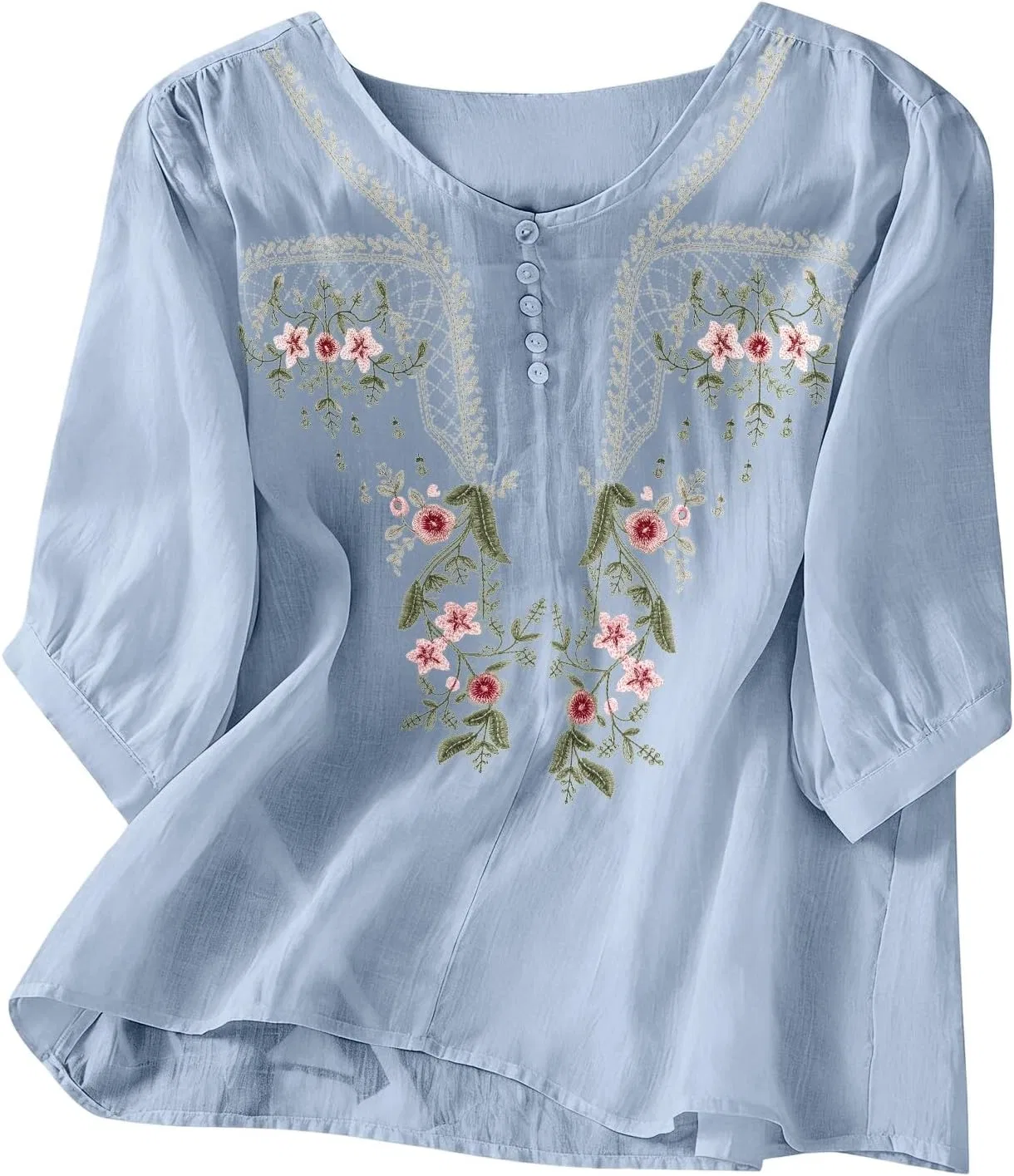 Блуза с вышивкой, 3/4 рукав, V-образный вырез, женская, Light Blue-2