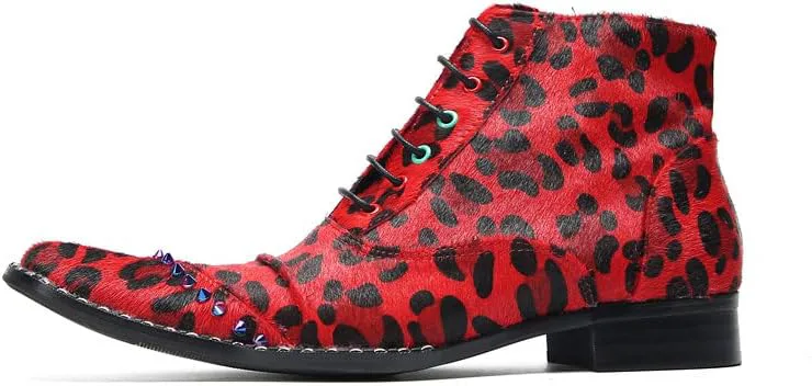 

Мужские замшевые ботинки Santimon красного цвета с леопардовым принтом, оксфорды с заклепками - стильные повседневные ботинки на шнуровке с молнией, западного стиля, для вечеринки, свадьбы, выступления и дискотеки, красный