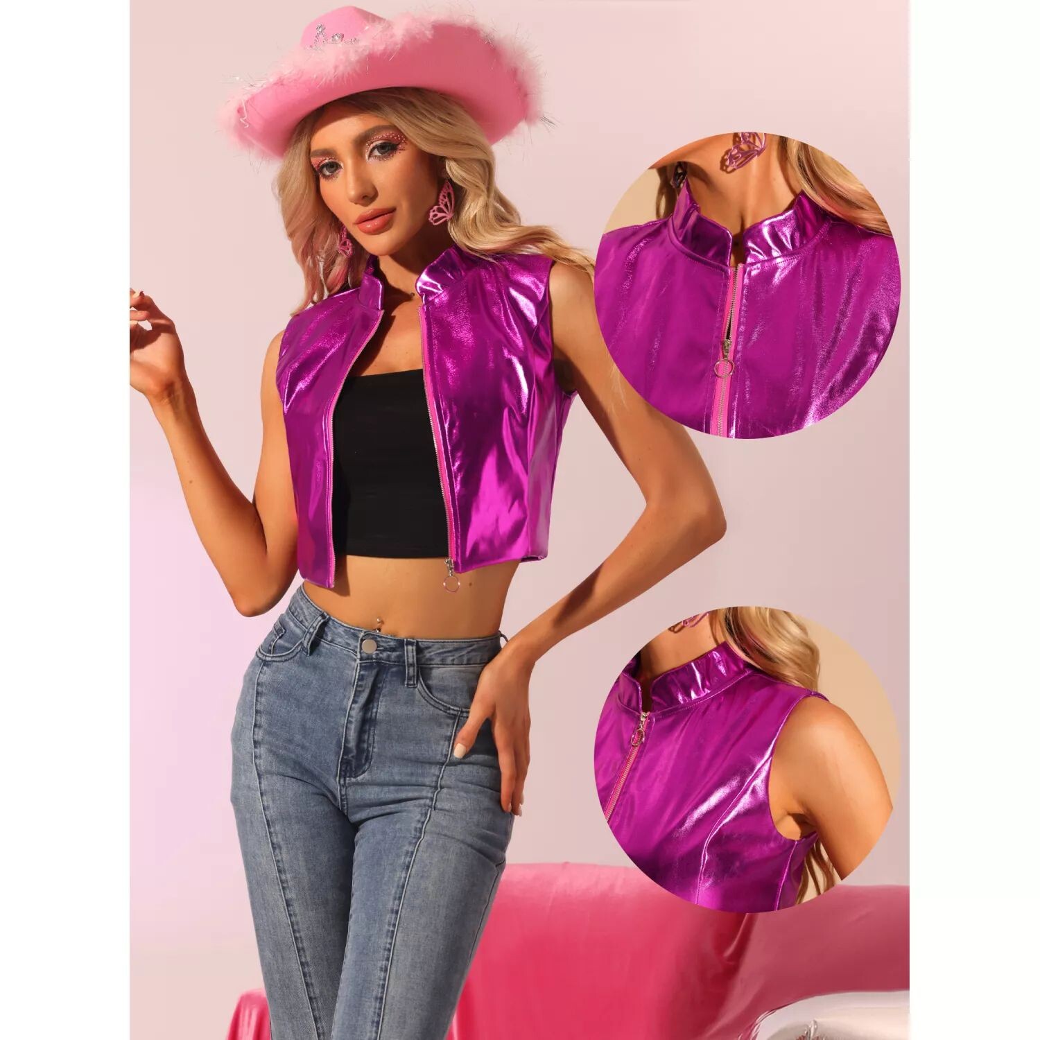 

Металлический жилет для женской укороченной куртки без рукавов на молнии из искусственной кожи Y2K ALLEGRA K