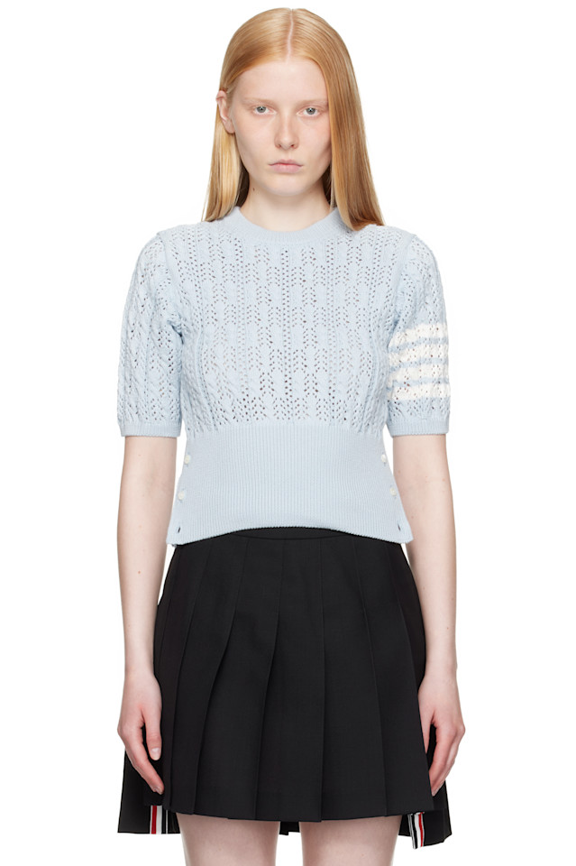 

Свитер с ажурной вязкой Pointelle и 4 планками Thom Browne, синий