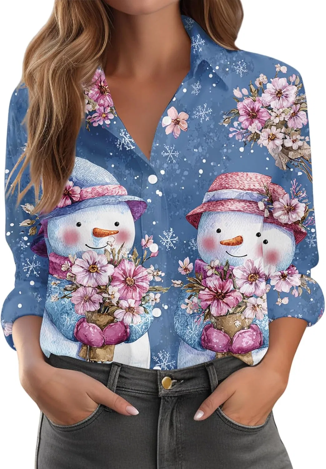 Женская блуза с рождественским принтом, Long Sleeve, Casual Oversized, Button Down, 1-sky Blue — фото 2