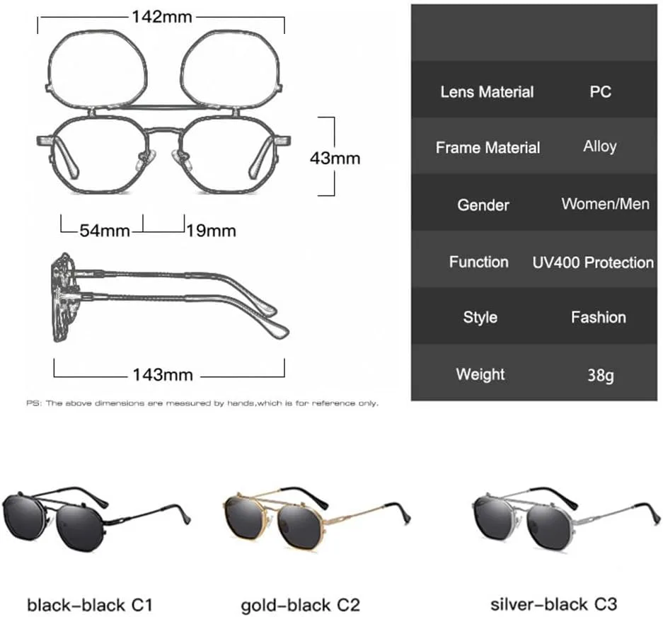 

Солнцезащитные очки MUTYNE Retro Metal Punk Polygon для мужчин и женщин, модные, с откидными линзами, прозрачные, с защитой от УФ-излучения UV400, Black Gray