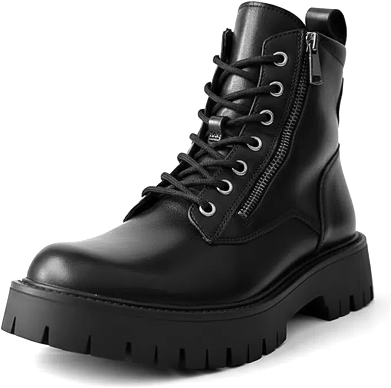 

Мужские черные кожаные ботинки GHIBHNA на платформе с боковой молнией, широким носком, массивной рифленой подошвой, противоскользящие, с шнуровкой, повседневные мотоциклетные ботинки, удобные для работы и вождения, высокие ботинки до щиколотки