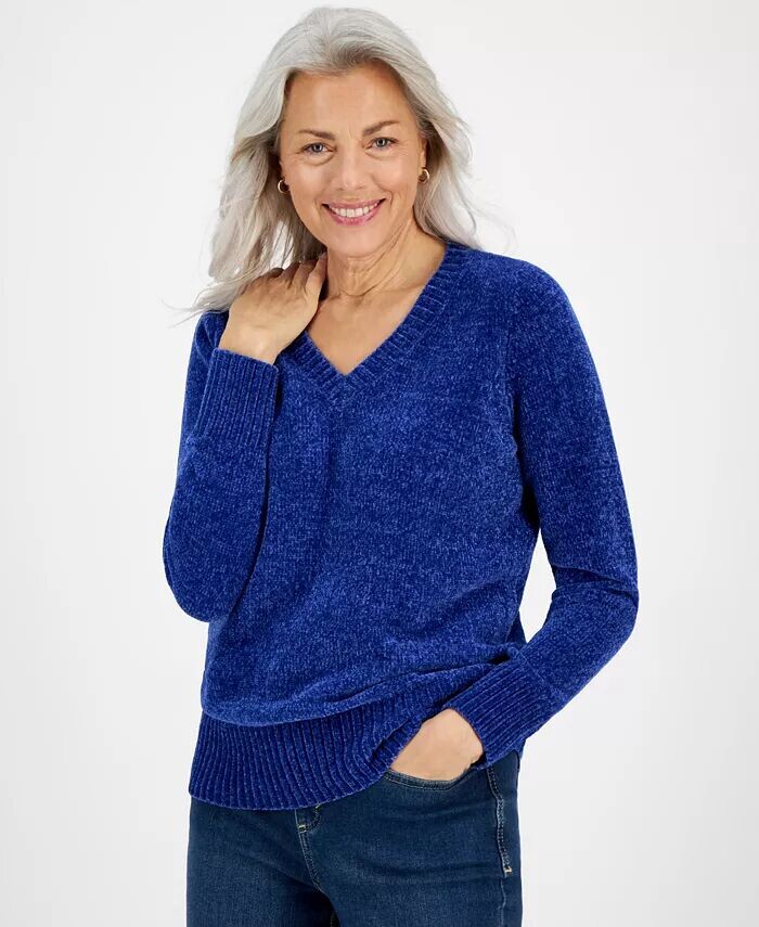 

Миниатюрный пуловер из синели с V-образным вырезом Style & Co, синий