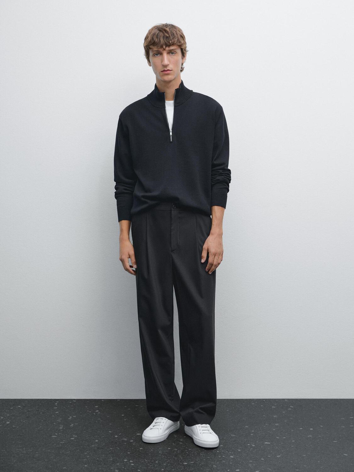 

Вязаный свитер с воротником-стойкой и застежкой-молнией Massimo Dutti, темно-синий