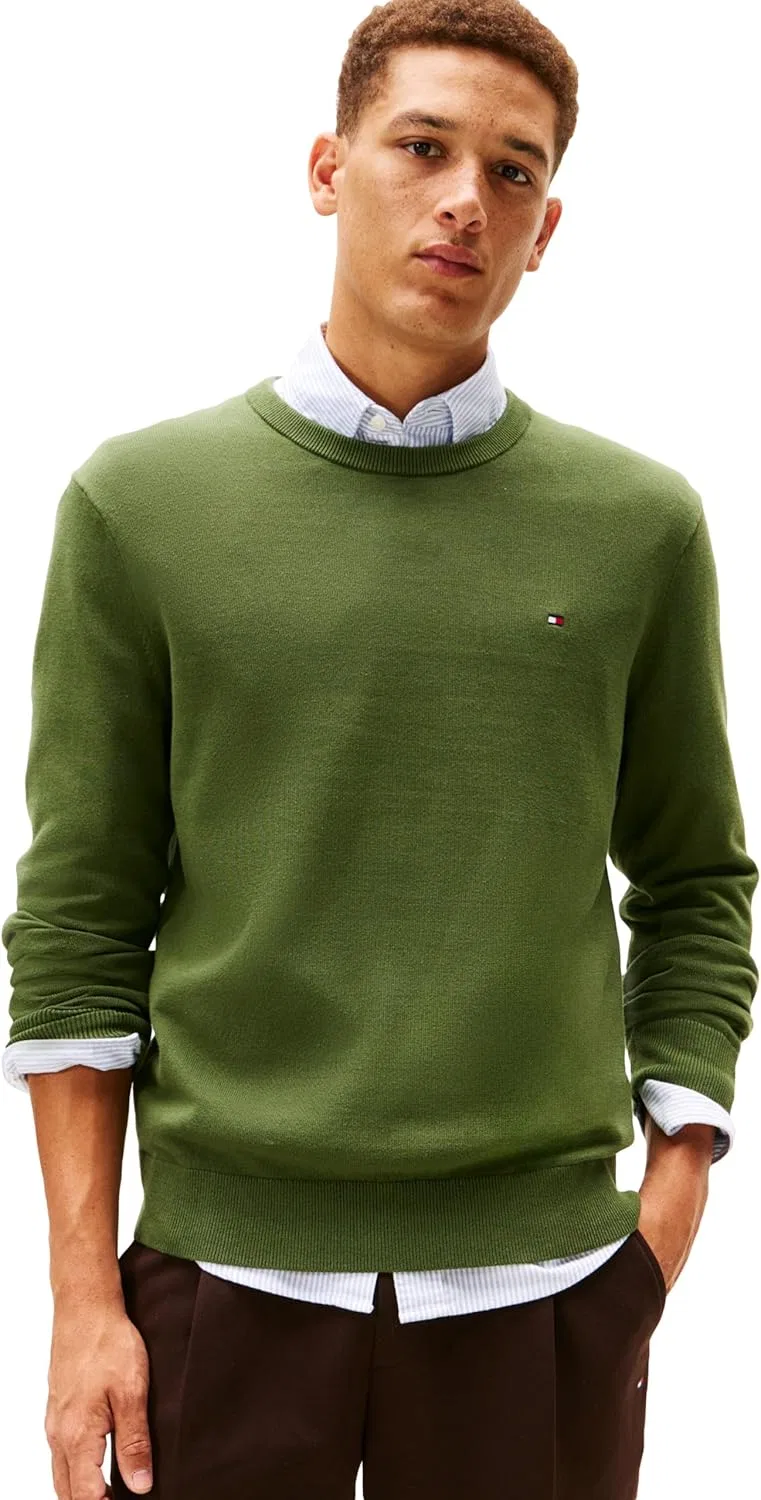 Tommy Hilfiger мужской хлопковый однотонный свитер с круглым вырезом, легкий пуловер, также доступен в размерах Big & Tall, Mountain Pine