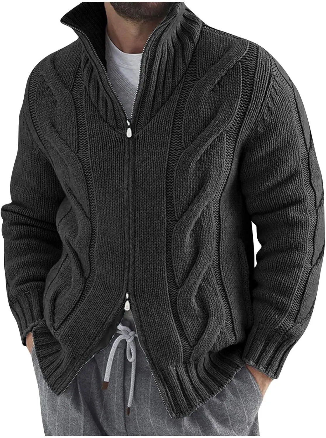 

Мужской кардиган с воротником стойкой и двумя молниями, вязаный кабельным узором, утепленный