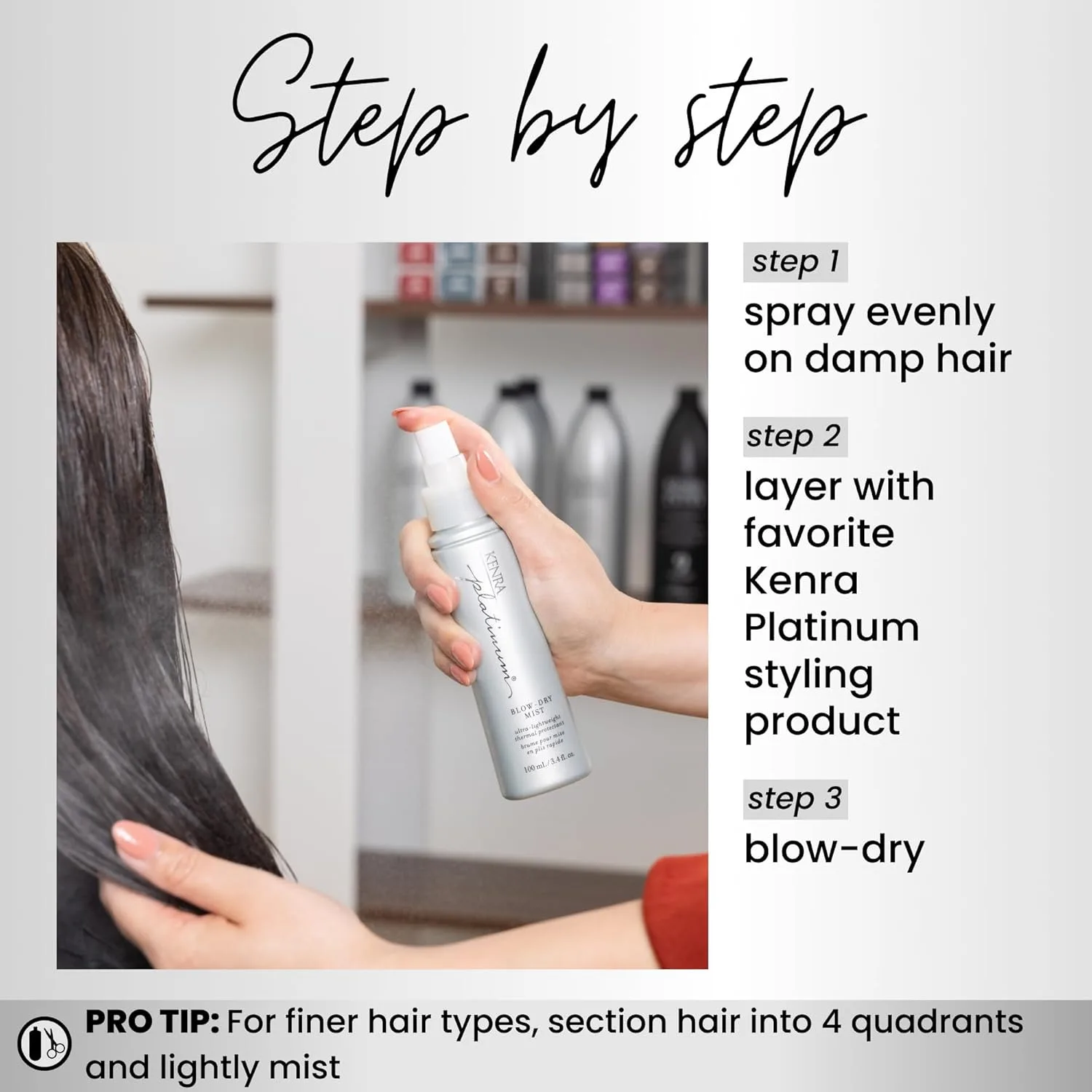 Kenra Platinum Blow-Dry Mist - ультралегкий термозащитный спрей для сушки феном, разглаживает и смягчает, устраняет пушистость и защищает от влажности, для тонких и нормальных волос 100 мл (2 шт.) — фото 4