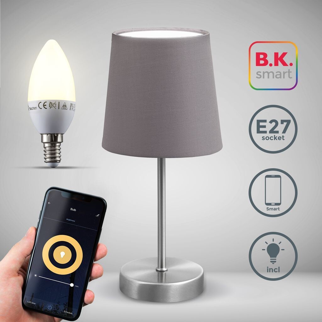 

Настольная лампа Smart Home тканевая прикроватная лампа WiFi гостиная E14 серая App B.K.Licht, серый