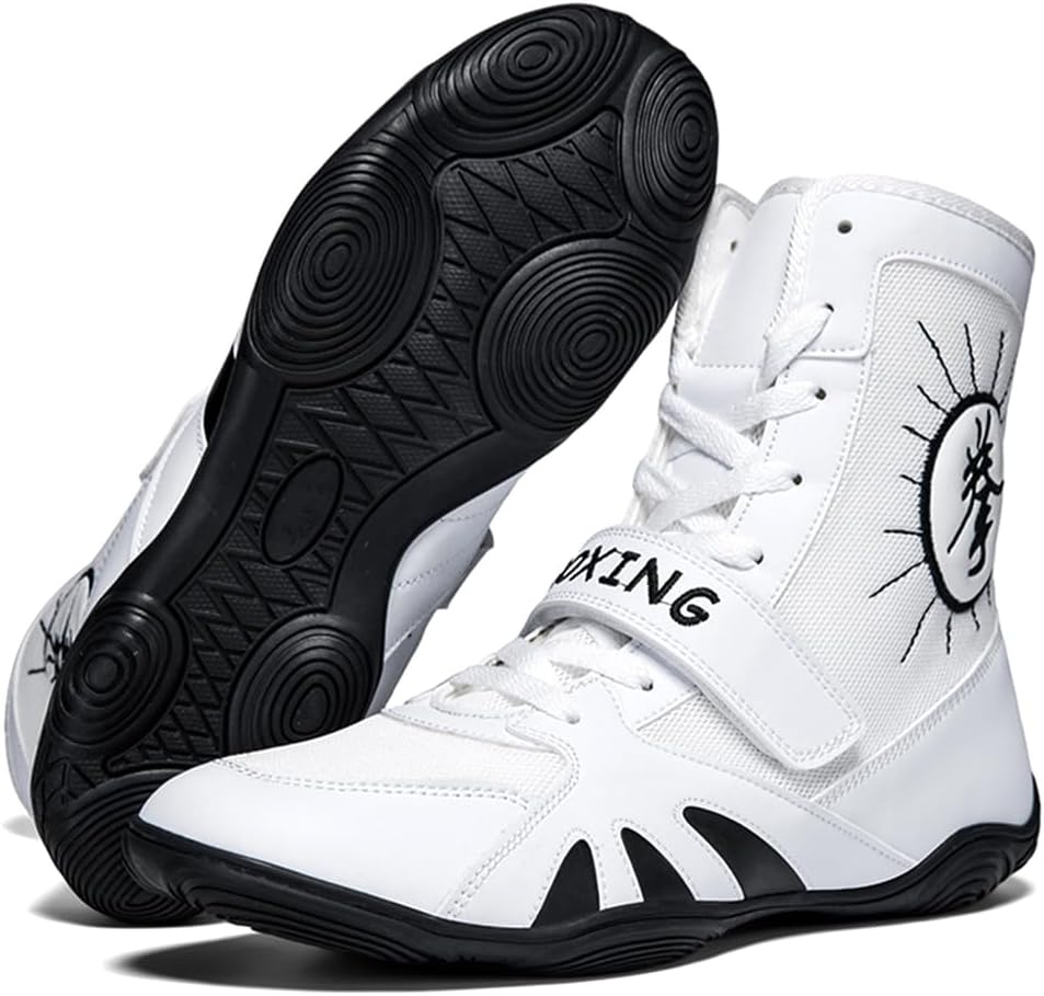 

Высокие боксерские кроссовки для мужчин, легкие фитнес-бутсы, борцовские туфли с резиновой подошвой для кикбоксинга, зала и боевых видов спорта Hiuzylqx, белый