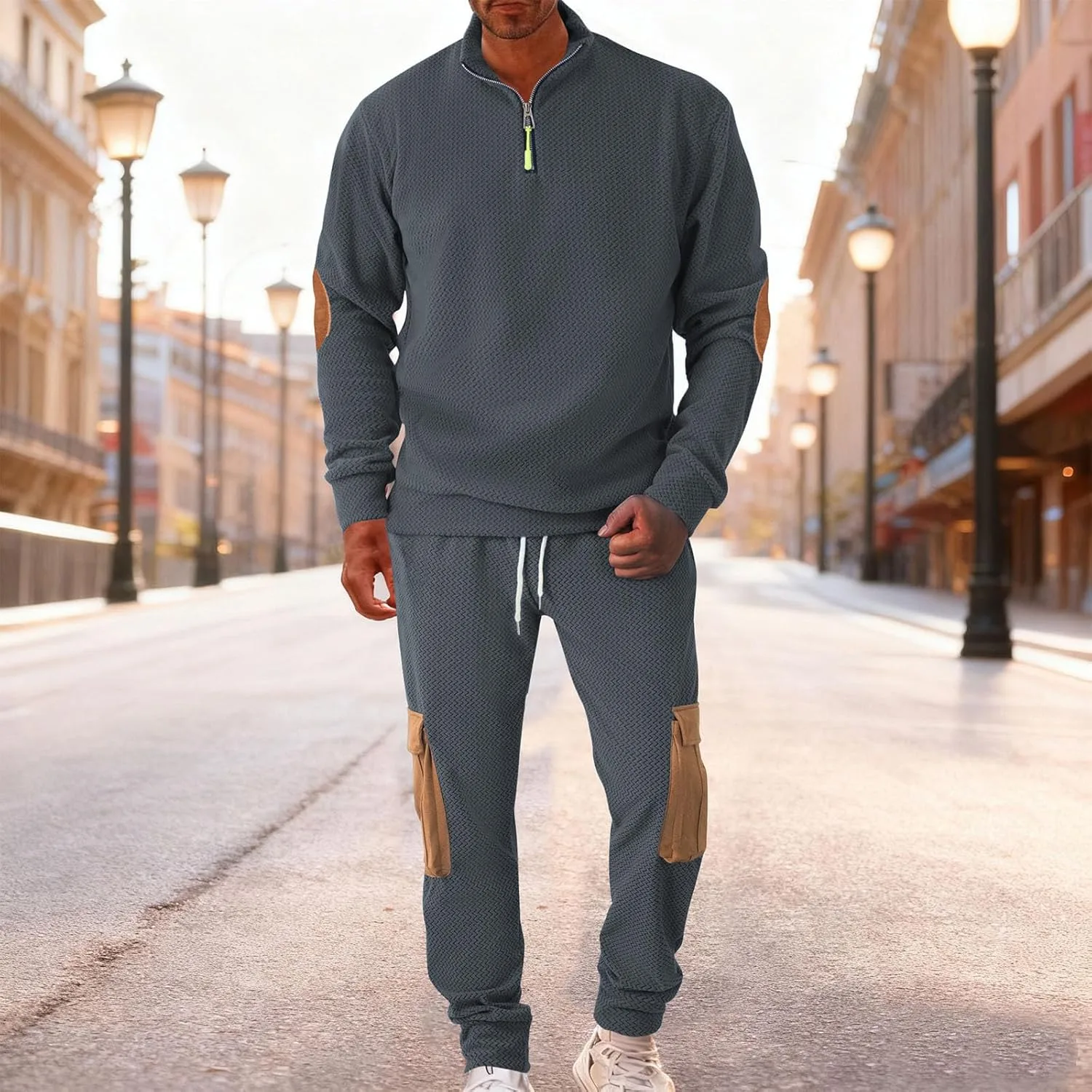 Мужской спортивный костюм Casual для тренировок с длинным рукавом, сет из толстовки на четверть молнии и брюк, 2 предмета Generic, серый — фото 2