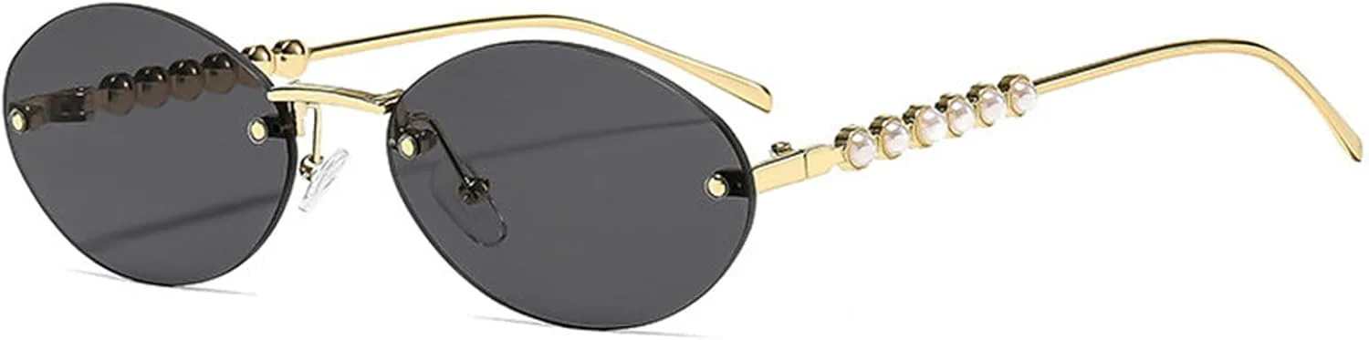 

COTIA Модные овальные солнцезащитные очки без оправы для женщин и мужчин, стильные, с жемчужной отделкой, маленькие овальные, без металлической оправы, Gold Grey