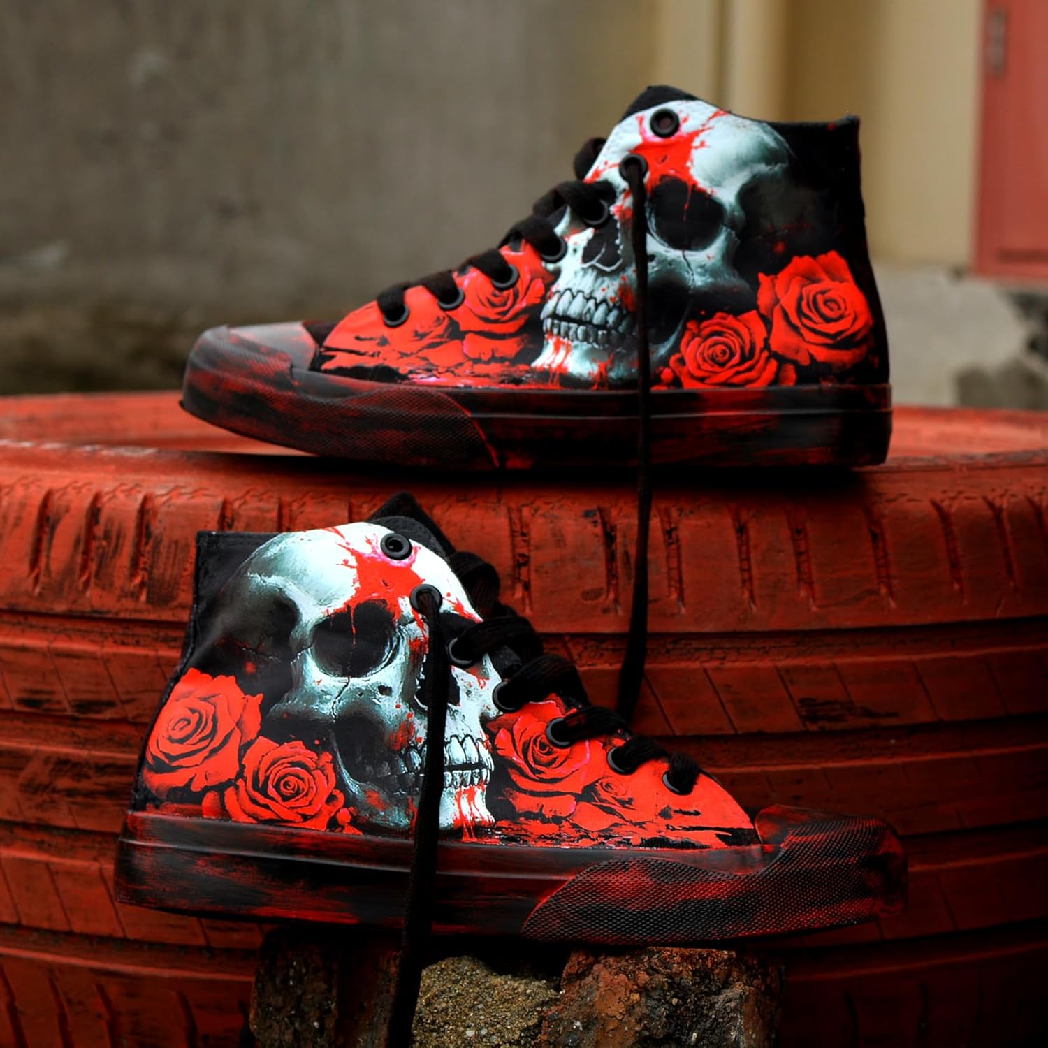 Женские кроссовки GXZUORUI Gothic Skull, модные мужские туфли с ручной росписью в стиле граффити, панк-косплей, хип-хоп, для подростков, студентов, повседневная уличная обувь, черный — фото 4