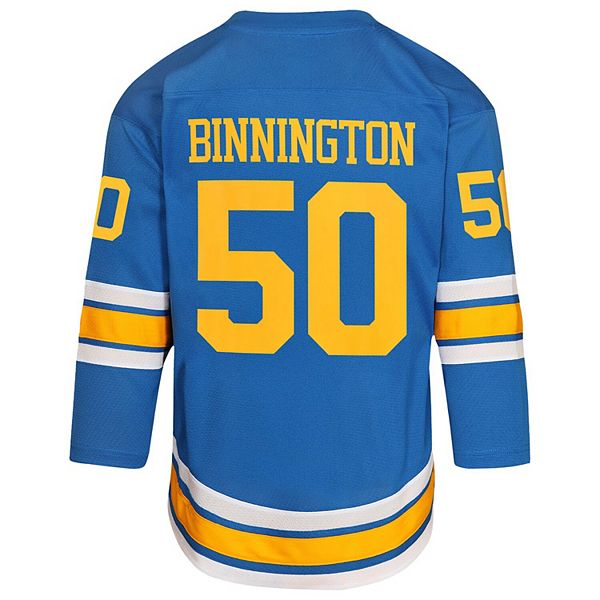 Детская реплика игровой футболки St Louis Blues Jordan Binnington в домашнем синем цвете Outerstuff — фото 4