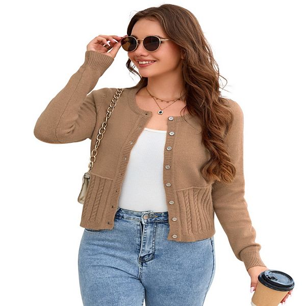 

Женский кардиган с узором из кос и смешанной вязкой, мягкий и удобный Clearflower, Khaki