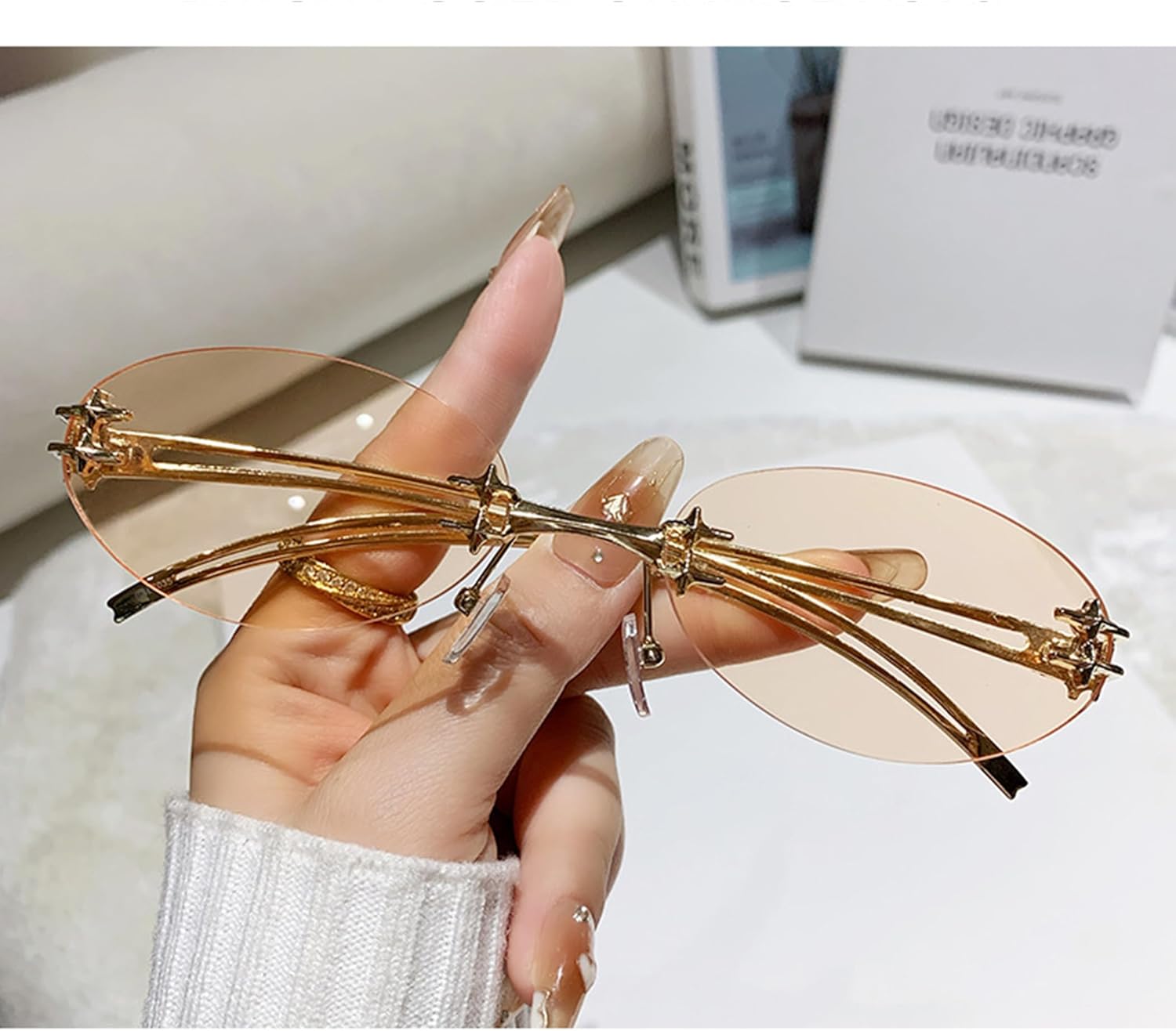 

bullabulling Модные овальные солнцезащитные очки без оправы для женщин, модель Y2k, маленькие солнцезащитные очки с защитой от УФ-излучения UV400, металлические линзы со звездой (золотой/чайный), Gold/Tea