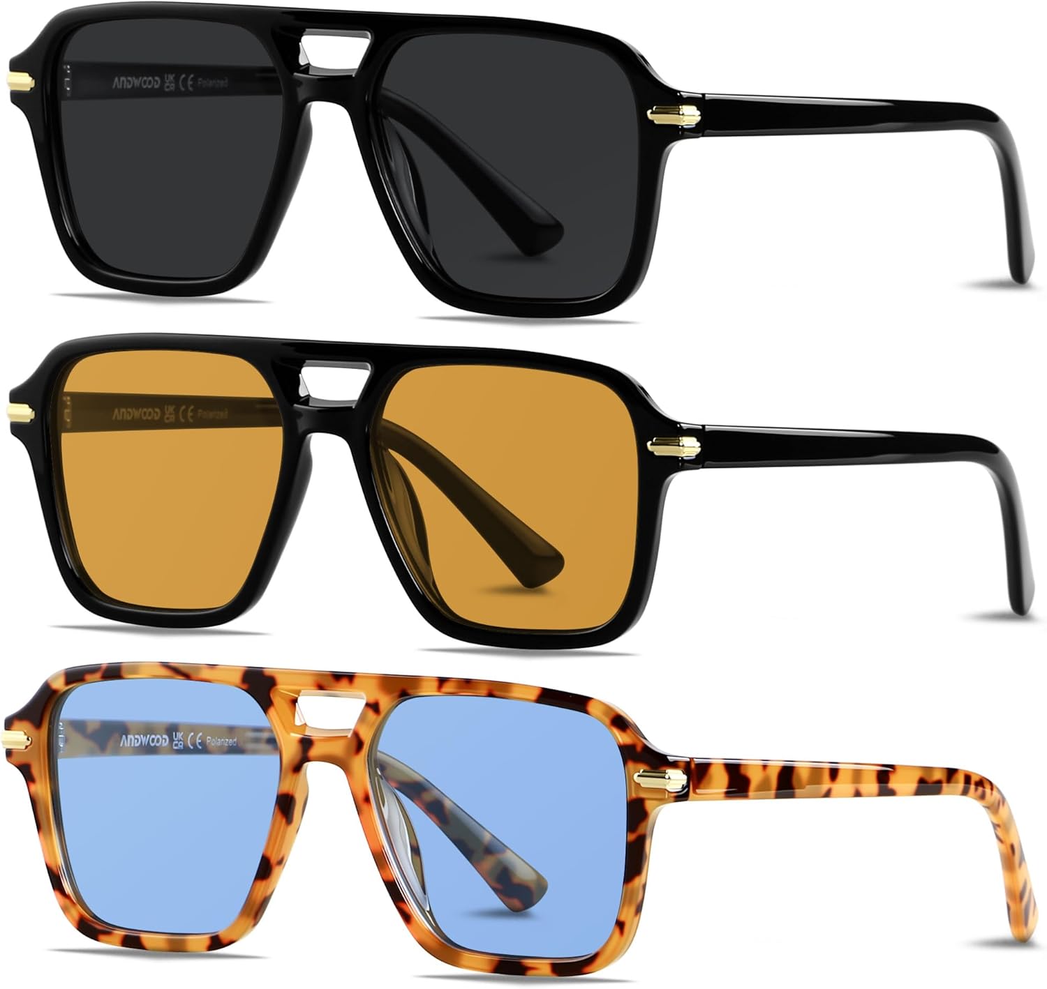 

Поляризованные солнцезащитные очки-авиаторы ANDWOOD для женщин и мужчин в стиле ретро 70-х, 80-х, 90-х годов. Модные квадратные очки-пилоты в винтажном стиле, (3pack) Black + Orange + Blue