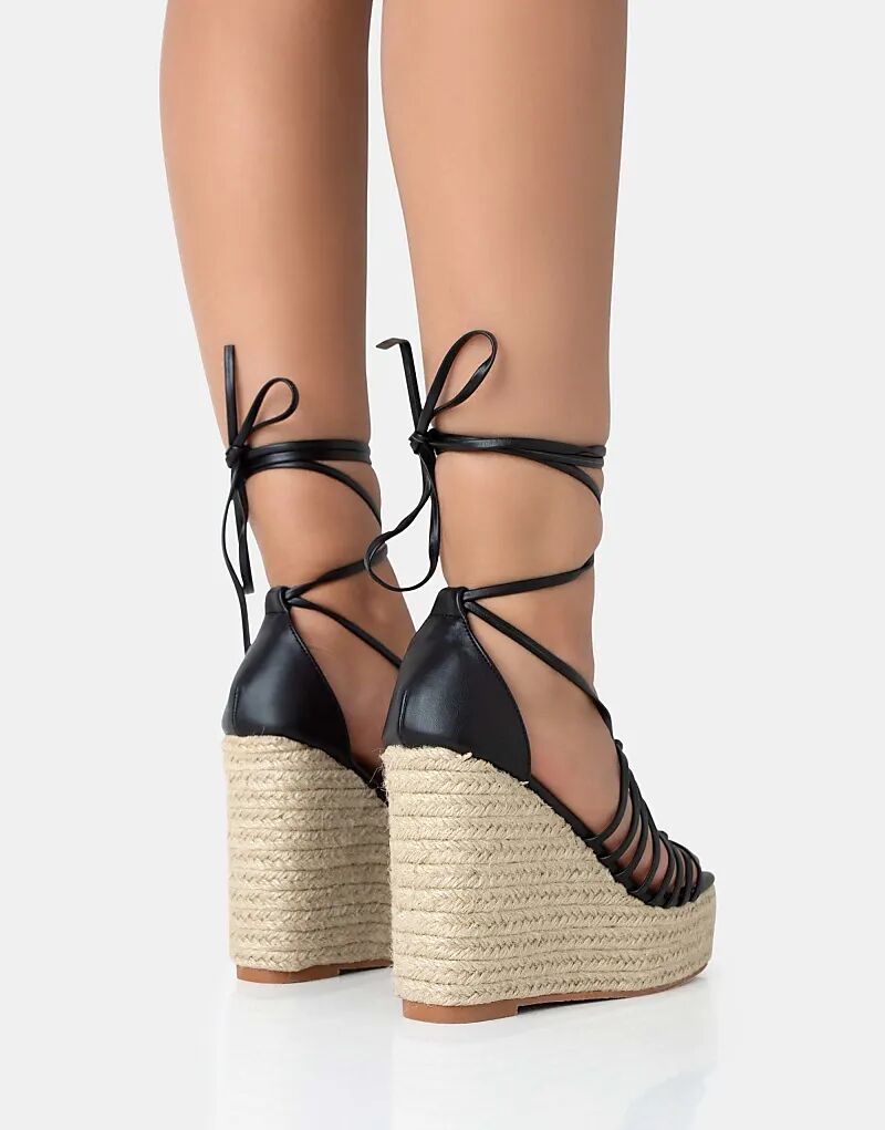 Туфли Public Desire Reece из рафии с завязками на ремешках и танкетке, черные, из искусственной кожи — фото 2