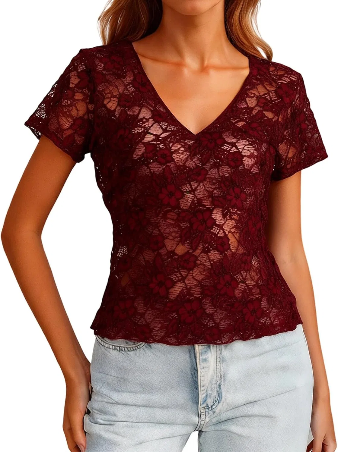 Generic Топ с коротким рукавом для женщин Floral Lace, сексуальный полупрозрачный, с V-образным вырезом, облегающий базовый слой, для лета, весны, вечеринки, клуба
