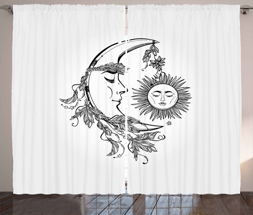 

ABAKUHAUS Sun Rustic Curtain, Feathers Ornate Lunar Sky, универсальные ленточные шторы для гостиной с петлями и крючками, 280 x 260 см, белый черный