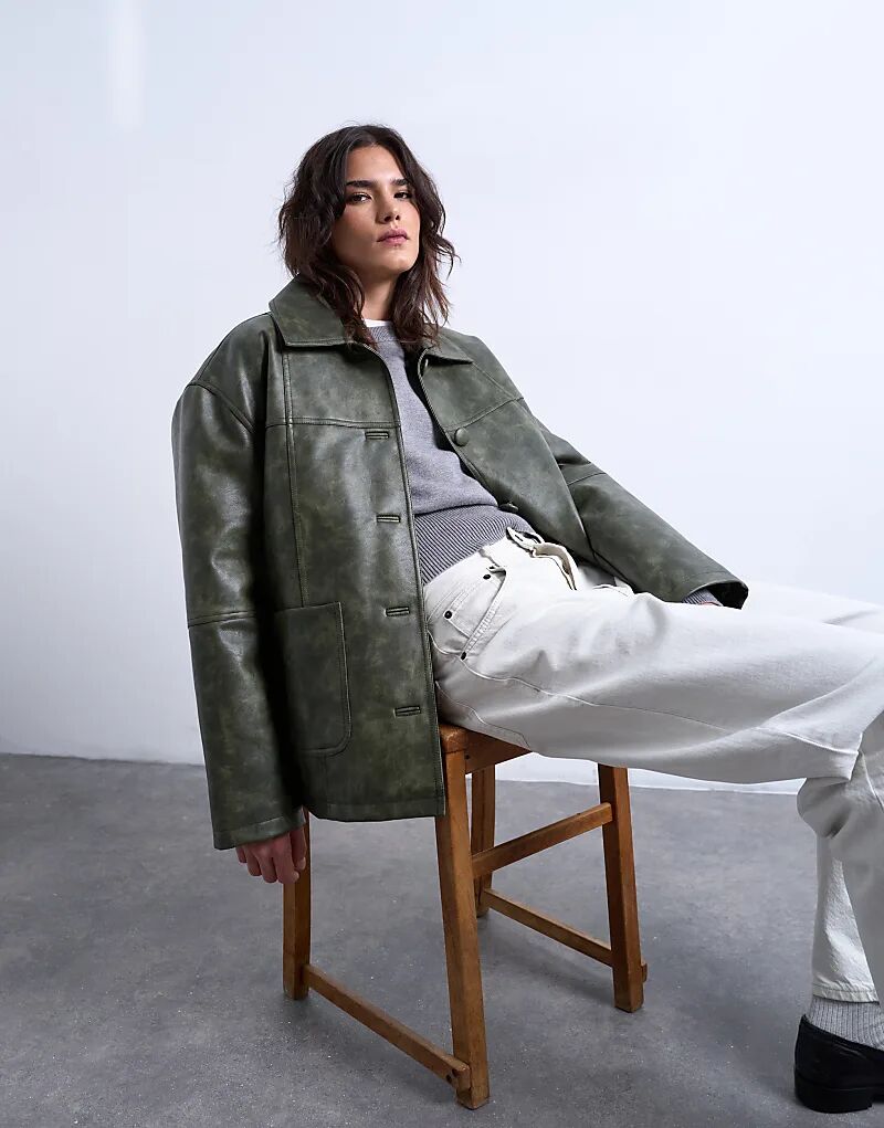 

Куртка-стойка Topshop из искусственной кожи с пуговицами, зеленая