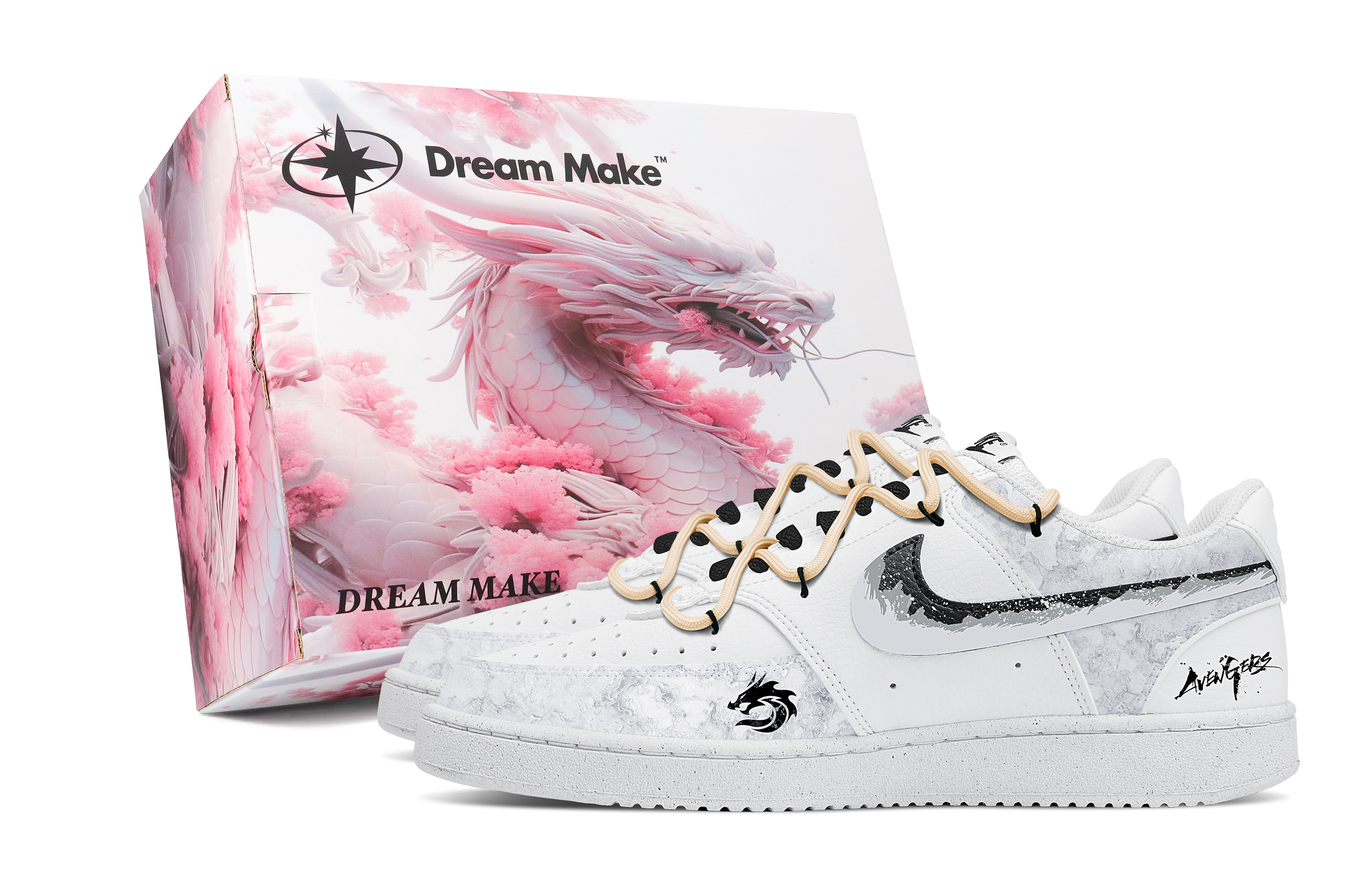 

Nike Кроссовки Court Vision 1 Dragon Pattern Pink Box с низким верхом, устойчивые к скольжению, мужские, белые, серые