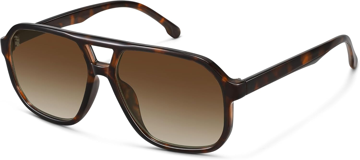 

Большие солнцезащитные очки-авиаторы для женщин и мужчин — ретро, ​​винтажные, 70-х годов, квадратная форма, двойная перемычка, защита от УФ-излучения Fozono, Tortoise/Brown Gradient