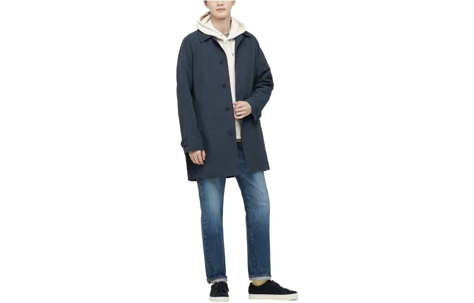 Uniqlo Мужское пальто темно-синего цвета с отворотами, умеренно прямого кроя — фото 3