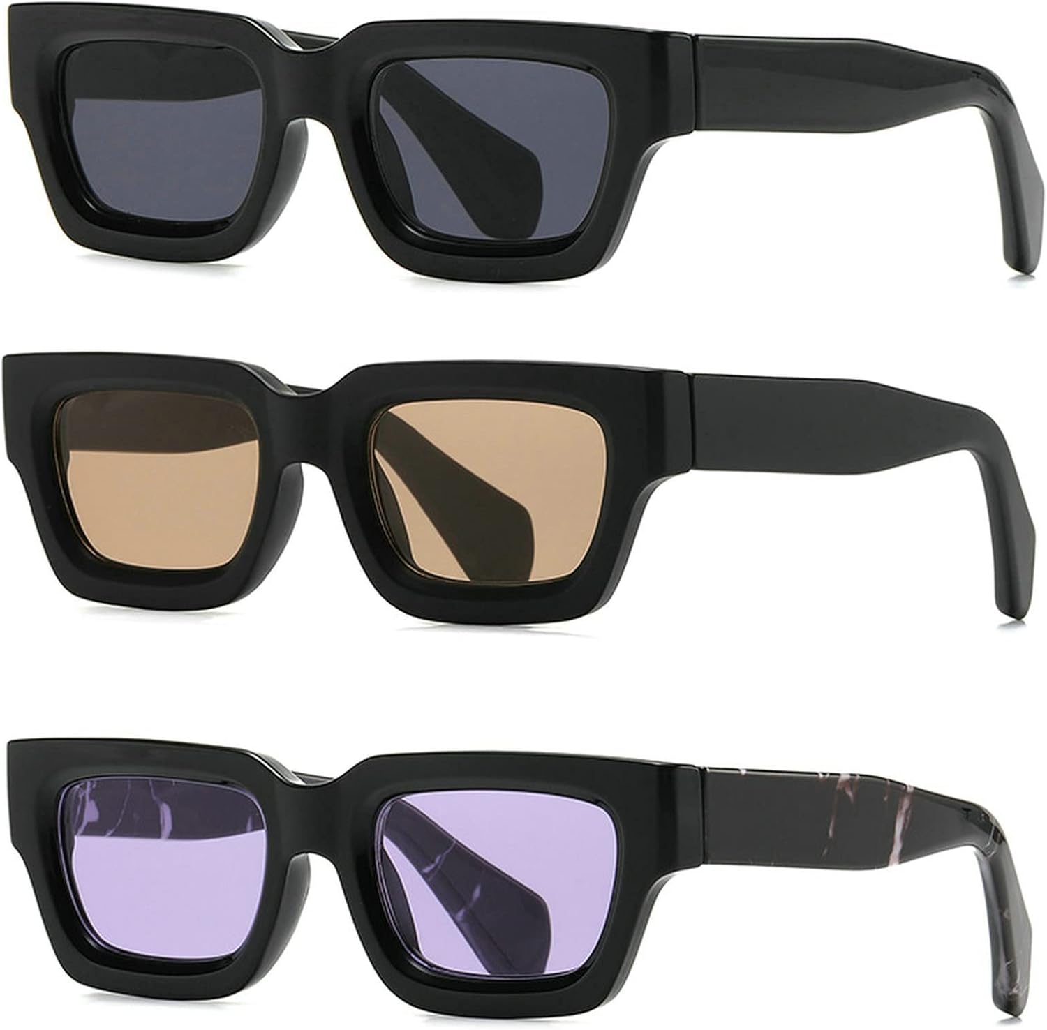 

Роскошные панк-солнцезащитные очки квадратной формы для женщин и мужчин, солнцезащитные очки UV400 для женщин, очки с индивидуальным дизайном Melrose, 3pcs Black&tea&purple