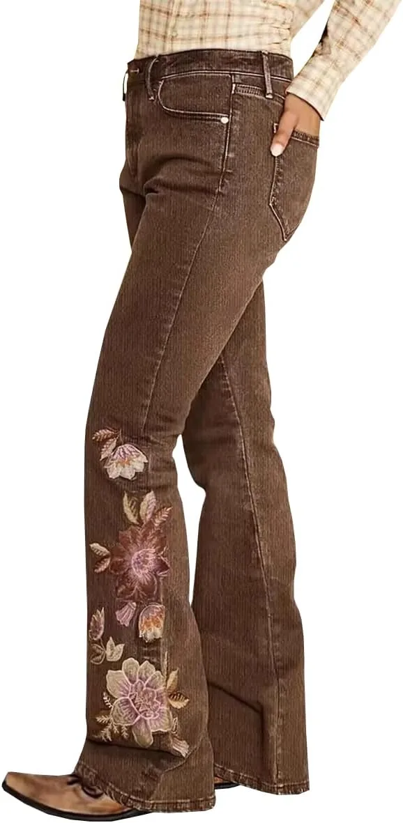 

Женские джинсы с высокой талией и расклешенным низом, вышивка, stretch TACSTRUN