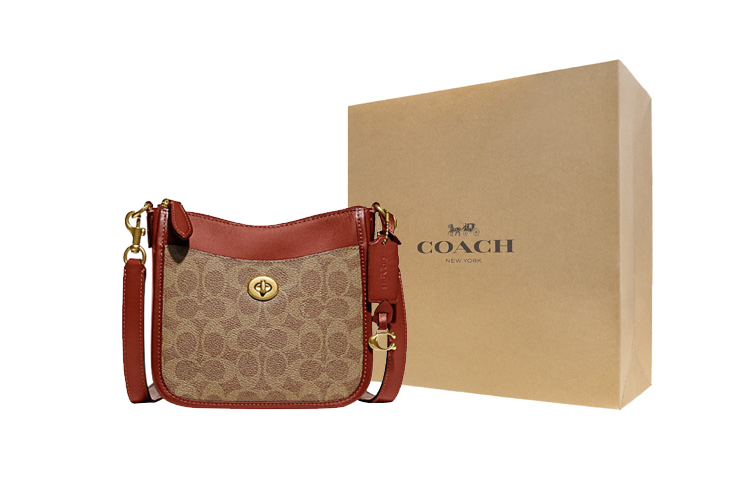 

COACH Кожаная наплечная сумка через плечо малого размера для женщин с монограммой в коричневом цвете с рыжеватыми акцентами