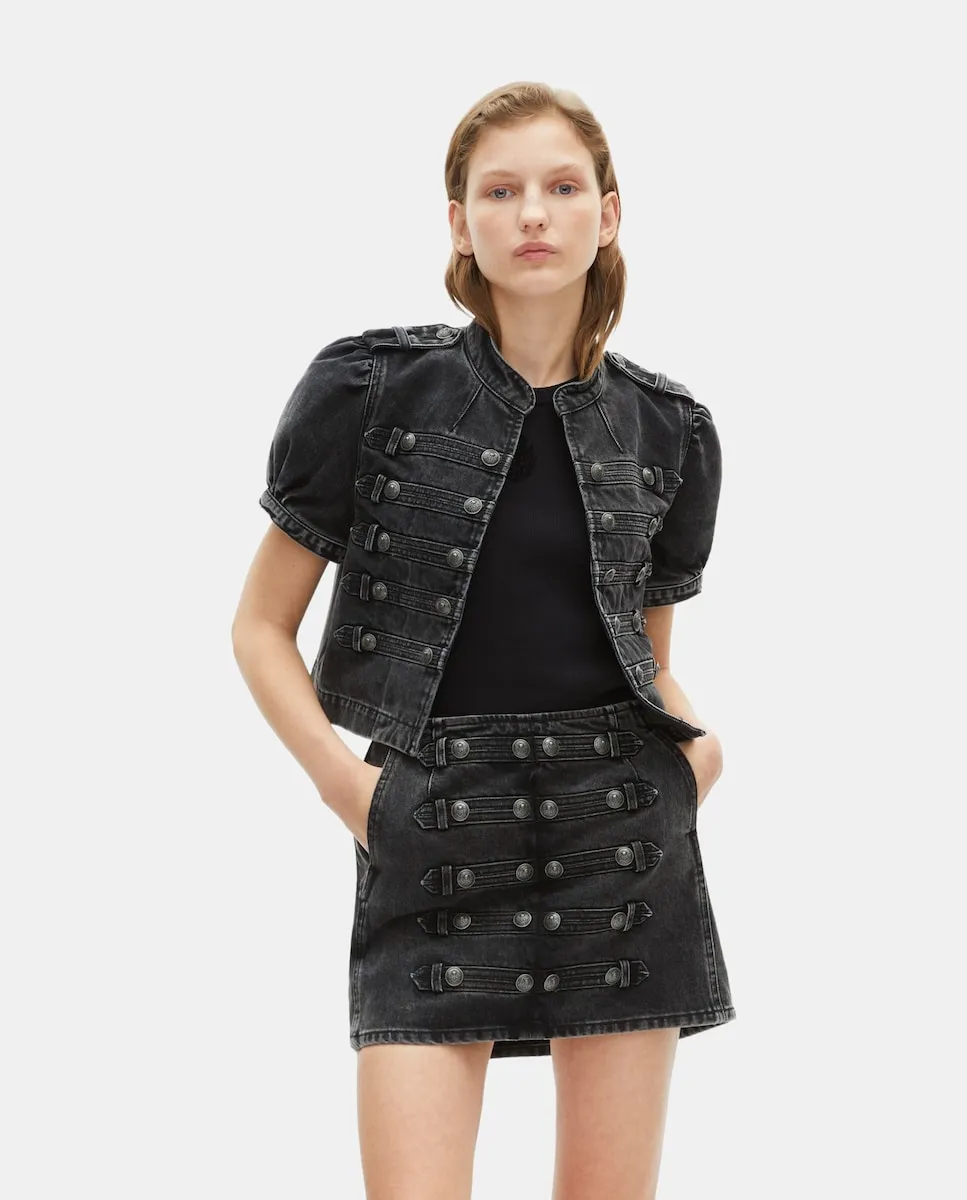 

Короткая приталенная джинсовая женская куртка в официальном стиле The Kooples, черный