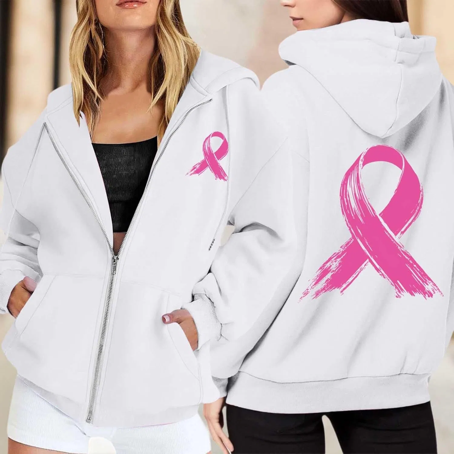 Толстовка на молнии, женская, Pink Ribbon, цвет White 5 — фото 2