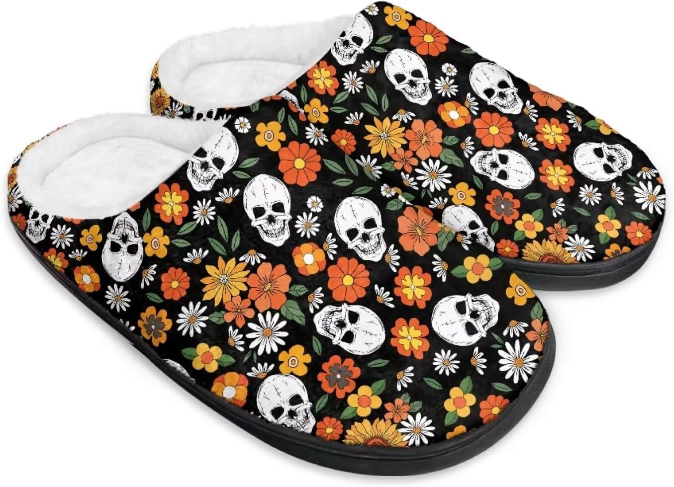 

Домашние тапочки с принтом для женщин и мужчин, зимние теплые плюшевые тапочки с нескользящей подошвой для дома и улицы Noprintge, Skull Daisy Flower