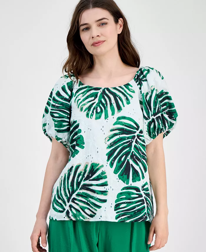 

Женская блузка из хлопка с вышивкой в технике ришелье и принтом в виде листьев Anne Klein