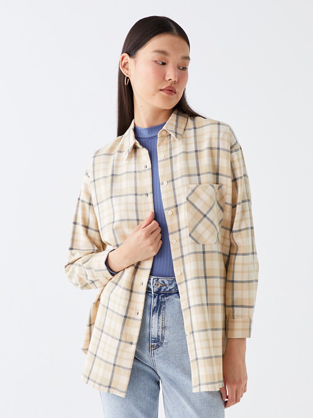 

Женская рубашка-туника в клетку с длинными рукавами и длинными рукавами LCW Modest, светло-коричневый плед