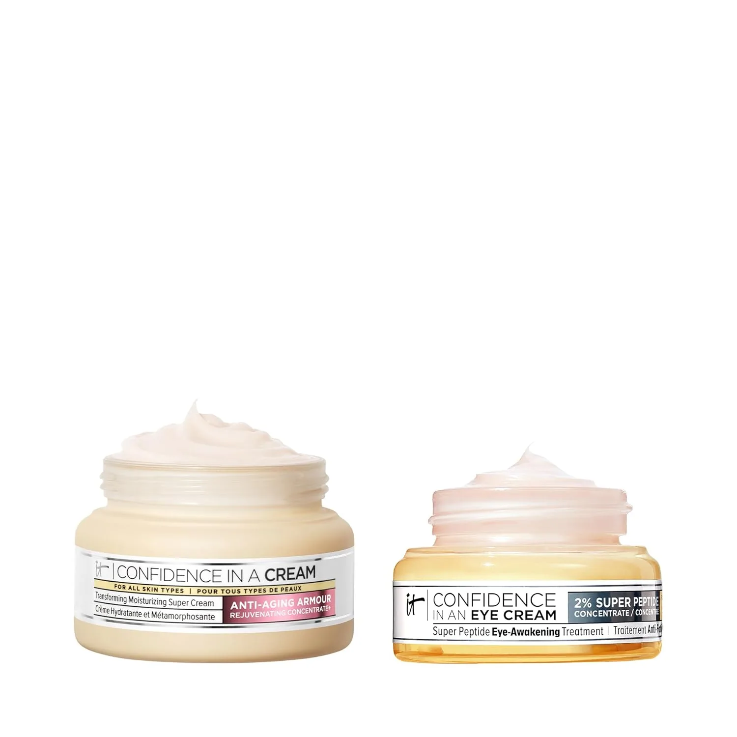 Набор IT Cosmetics Confidence in a Cream & Confidence in an Eye Cream Bundle: увлажняющий крем для лица с керамидами против старения (57 мл) и крем для глаз с пептидами против старения (14 мл).